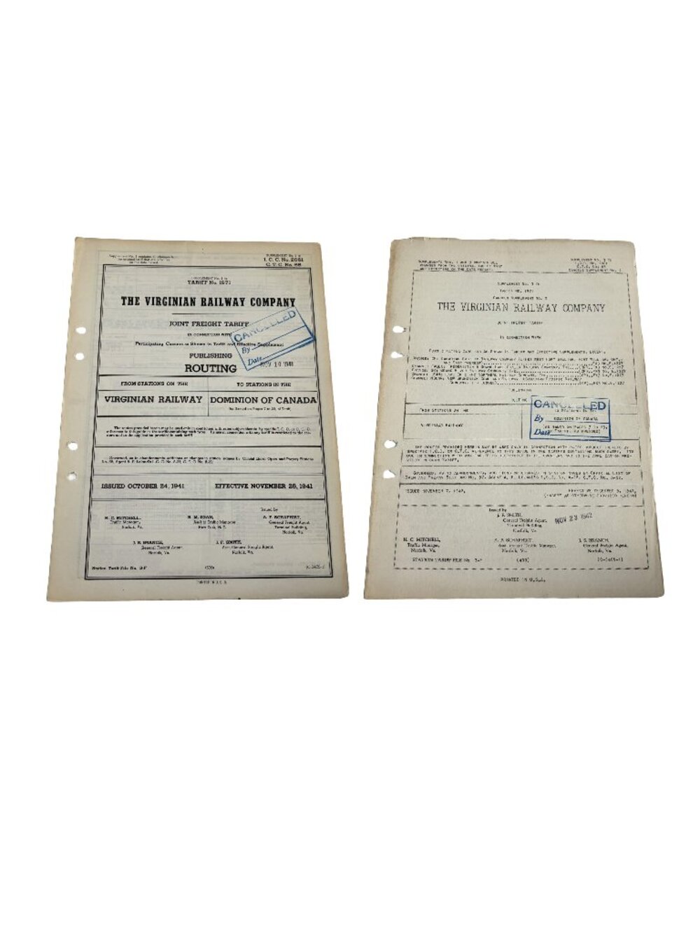 Vintage Virginian Railway Joint Freight Tariff Routing Pair 1941 1942 WWII Era